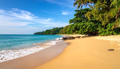 Fototapeta premium Tropical beach scene with turquoise water and lush greenery