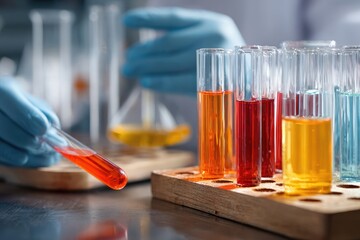 Close-up of a scientist in lab coat and blue gloves handling test tubes with colored liquids