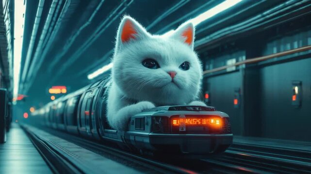 A white cat sits atop a train, offering a glimpse into its curious nature