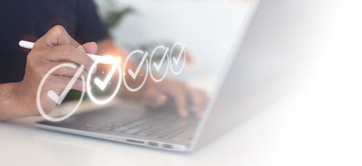 Answer the test questions concept. Businessmen tick mark an assessment, questionnaire, evaluation,...