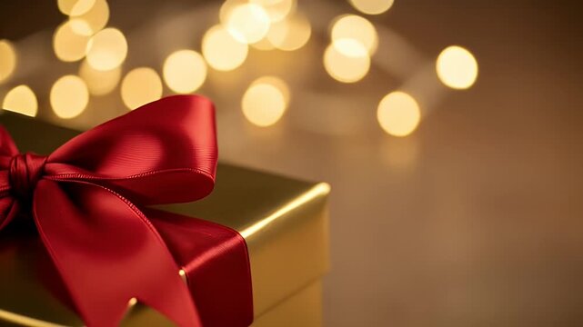 Elegant golden gift box with a red satin ribbon bow slowly panning across a warm background of festive bokeh lights for a celebration