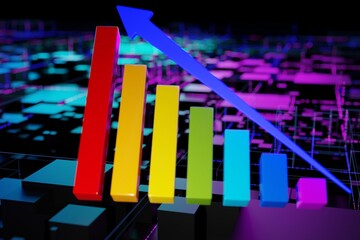 A vibrant, multicolored bar graph ascends, culminating in a large red bar. A diagonal blue arrow dramatically points upward, implying significant growth. The graph sits atop a dar