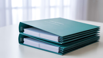 Two teal green binders stacked on a white table