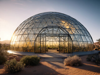 Fototapeta premium Dome greenhouse in desert filled with lush crops