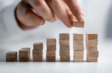 Obraz premium Hand placing wooden block on a growing stack of blocks