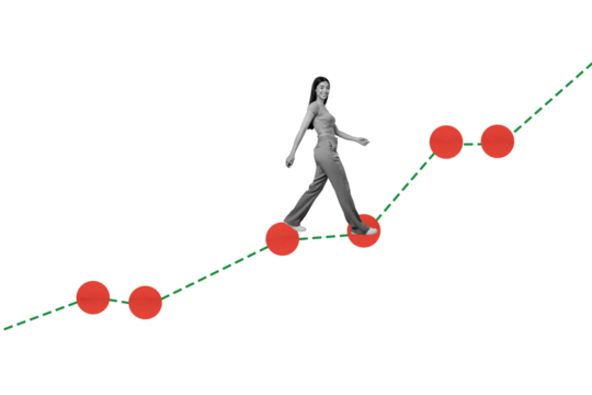 Picture 3d collage of successful smiling girl climbing career ladder way isolated on painted background