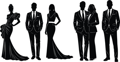 Elegant fashion silhouettes, evening gown style, tuxedo suit, formal couple attire, luxury clothing, black tie event, vector illustration, stylish design
