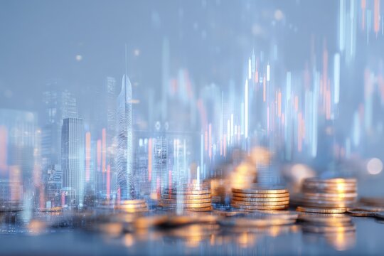 Cityscape overlaid with financial charts and stacks of coins - Powered by Adobe