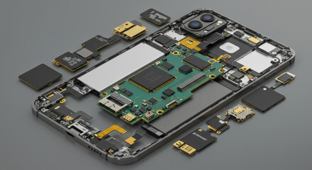 An exploded view of a modern smartphone showcasing its inner components like processor, chips, and circuit boards on a grey surface illustrating technology and innovation