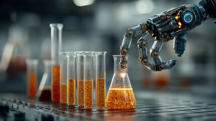 A robotic arm pours a golden liquid from a flask into a beaker, showcasing advanced technology in a laboratory setting.