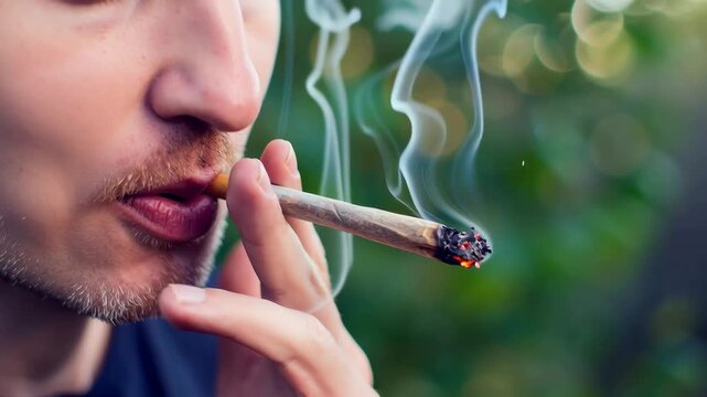 Man smoking hand rolled cigarette outdoors, close up of lips, fingers and smoke swirling in slow motion, blurred green bokeh background