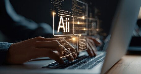 Person types on laptop keyboard, AI overlay