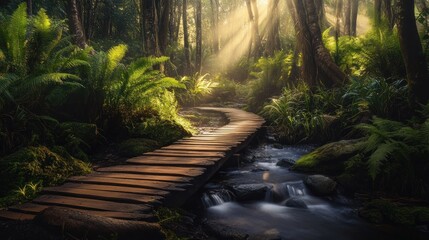 Obraz premium Wooden walkway across a babbling brook in a lush, sunlit forest. Sunlight beams through the canopy