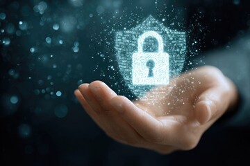 Hand holding a glowing digital lock and shield