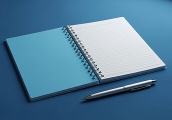 Open spiral bound notebook with a silver pen on a blue surface