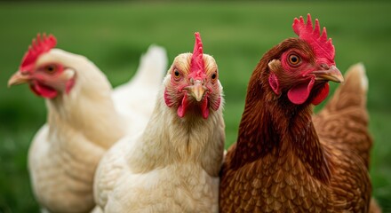 Fototapeta premium Chicken trio : A close-up showcases three vibrant hens standing side by side against a soft blurred, evoking a sense of peace and simplicity