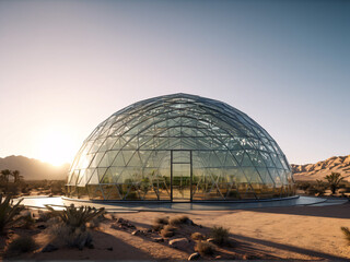 Fototapeta premium Dome greenhouse in desert filled with lush crops