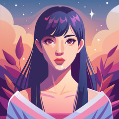 Beautiful Woman with Dark Hair in a Dreamy Landscape with Stars and Clouds in a Flat Vector Style