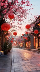 Pink blossom lined street with red lanterns