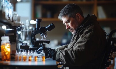 Disabled lab scientist sitting in a wheelchair, analysing medical vials and DNA samples under a microscope. This image emphasizes medical research and innovation in cancer trials, Generative AI