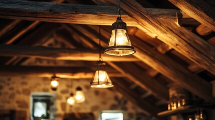 Obraz premium Hanging Lights with Wooden Beams Warm Interior Lighting