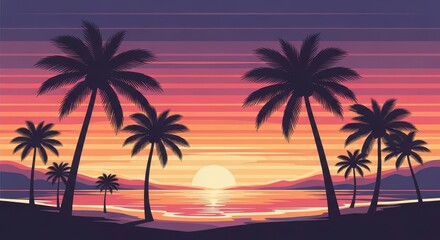 Fototapeta premium Sunset view with palm trees silhouette