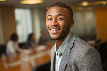 Fototapeta premium A confident young man in business attire smiles warmly in a modern office setting, with colleagues blurred in the background during a meeting