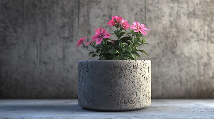 Pink flowers in gray concrete planter