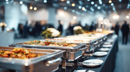Buffet Catering Service at Business Event: Elegant Food Display with Diverse Dishes in a Corporate Setting