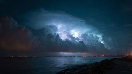 Naklejka premium Lightning flashes through dark clouds above the ocean at night, setting a dramatic scene.