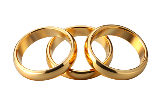 Three interlocking gold rings, symbolizing unity and commitment, isolated on transparent background - Powered by Adobe