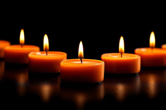 Six orange tealight candles burning brightly on a reflective black surface, arranged in a curved line, creating a warm and cozy ambiance - Powered by Adobe