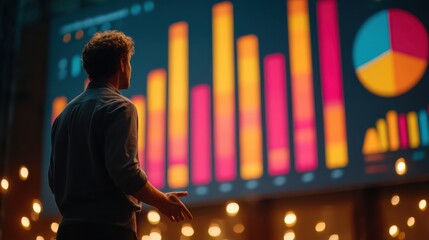 A person analyzes colorful data visualizations on a large screen, surrounded by ambient lighting, indicating a tech or business environment.