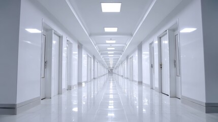 Fototapeta premium Endless White Corridor with Doors, Modern Interior Design and Architecture in a Clean Environment