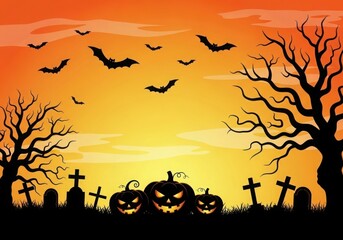 Halloween scene with pumpkins, bats, trees, and tombstones against sunset