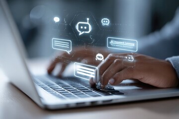 Hands typing on laptop with AI chat interface overlay