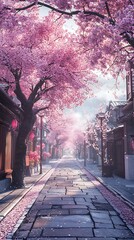 Pink cherry blossom lined street