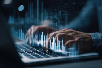 Hands typing on a laptop with overlaid financial charts