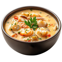 Creamy shrimp soup with parsley garnish, featuring succulent seafood and vibrant tomatoes in a rich, flavorful broth on transparent background