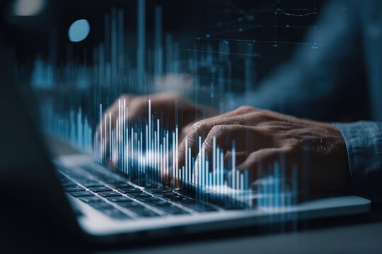 Hands typing on a laptop with overlaid financial charts