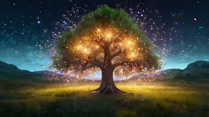 Fantasy 3D glowing tree in the middle of a meadow, surrounded by floating particles and magical light