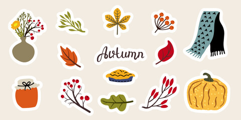 Autumn sticker set with pumpkin, pie, scarf, leaves, berries and flowers