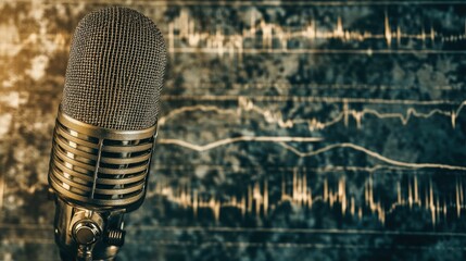 Vintage microphone against audio waveforms