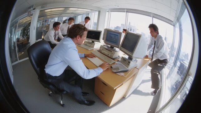 Ultra-wide fisheye shot of a 1990's corporate office as a worker tips forward in a swivel to look at a desktop computer as camera tracks on dolly.