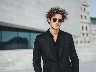 Professional man portrait: business style, suit and sunglasses