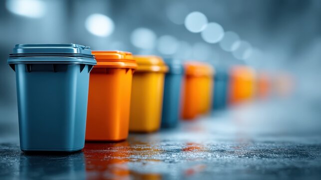 A colorful array of trash bins is lined up, creating a vibrant visual against a blurred background.