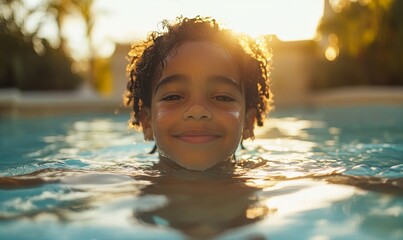 Happy mixed-race child swimming in a hotel pool during an all-inclusive summer holiday vacation. The image captures a family enjoying the sun and water on a relaxing holiday, Generative AI
