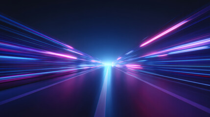 Futuristic light trails in blue and pink streak across a dark road, creating a dynamic sense of speed and motion toward a bright vanishing point