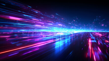 Obraz premium Vibrant neon lights streak across a dark background, creating a dynamic, futuristic effect with glowing blue, purple, and pink hues in a high-speed motion blur style