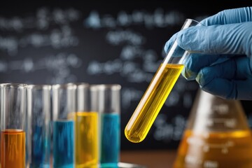 Lab hand holds test tube with yellow liquid, multiple test tubes and flask in the background against a chalkboard with equations